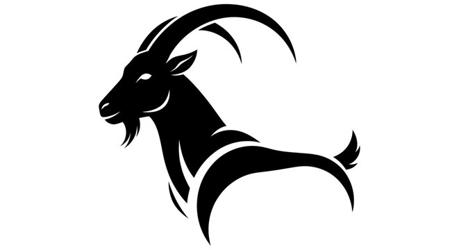 Black silhouette of a mountain goat head and neck against a white background