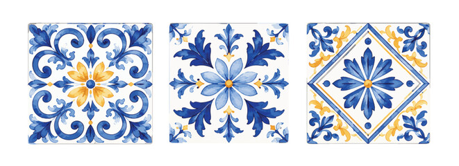Set of three watercolor Portuguese azulejo tiles with blue and yellow floral patterns. © Hato
