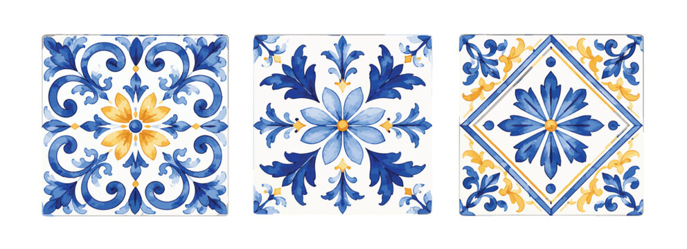 Set of three watercolor Portuguese azulejo tiles with blue and yellow floral patterns.