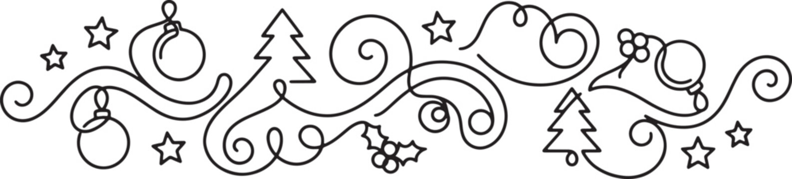 Christmas decorative border with continuous line art featuring pine trees ornaments and stars for holiday design projects