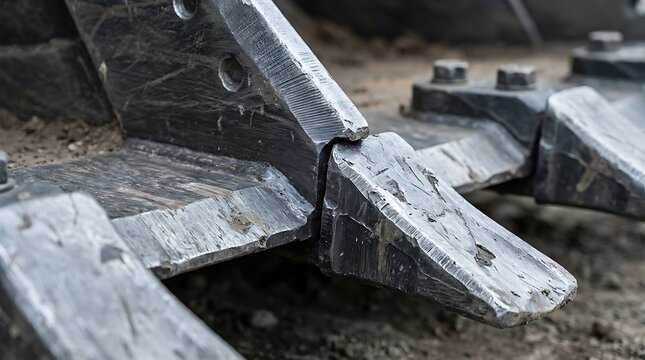 Close up of a heavy duty steel escavator bucket with worn teeth and metallic texture used for digging and earthmoving at a construction site project.