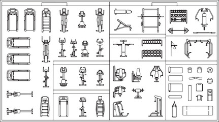 Gym equipment floor plan collection with various fitness machines and workout accessories in top view vector © Lamiya akter