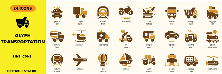 Glyph transportation vector icons. Logistics delivery public transit heavy machinery shipping and passenger vehicles solid signs set. Dump truck icon © EMON