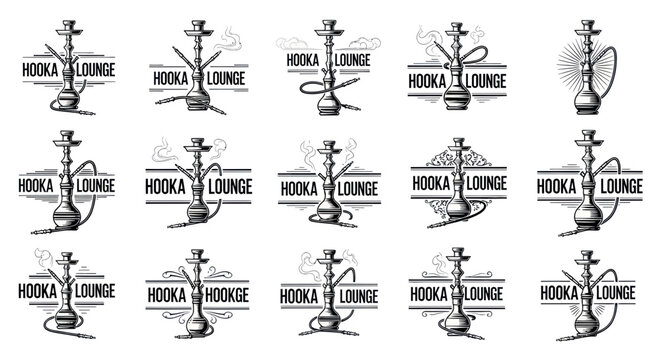 Hookah lounge logo set with vintage shisha pipe icons
