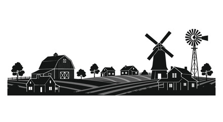 Rural farm landscape with barn and windmill silhouettes © grendel