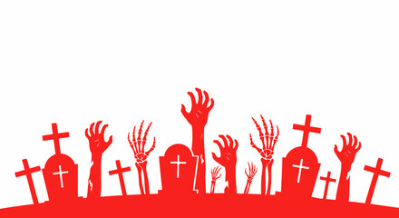 Obraz premium Spooky red zombie hands and skeleton arms rising from tombstones