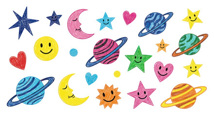 Colorful hand drawn space icons with smiling planets and stars © grendel