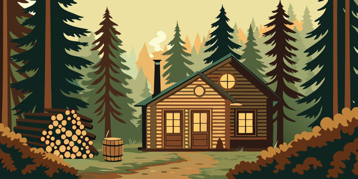 Abstract Rustic American cabin in woods with rodent warning sign rural US trend vector illustration isolation on white background.