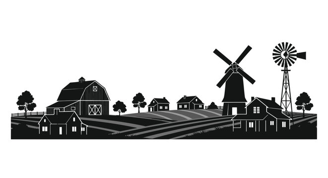 Rural farm landscape with barn and windmill silhouettes
