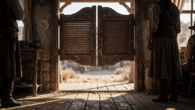 Open wooden door old dilapidated room peeling paint walls made wood has large shutters either side closed appe