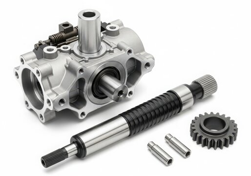Close-up view of a mechanical assembly with a gear and a threaded rod. isolated on white background