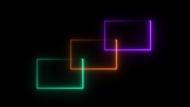 Neon color ful 3 rectangle frame animation and seamless loop neon line rectangle border frame with black background.