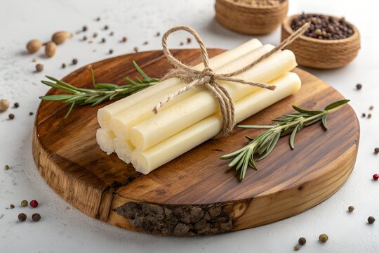 Fresh mozzarella cheese sticks bundled together with rustic twine string resting on a dark wooden circular cutting board decorated with green sprigs of fragrant rosemary and scattered gourmet pepperco