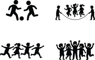 Obraz premium Children Playing Silhouette Icon Set with Soccer Jump Rope Running and Happy Kids VectorChildren Playing Silhouette Icon Set with Soccer Jump Rope Running and Happy Kids Vector