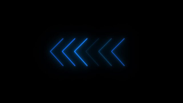 Abstract neon flashing light back arrow loading animation. Left arrow for road direction. Abstract beautiful color neon left side animation. neon arrow moving left on black background.