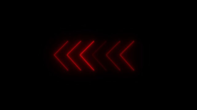 Abstract neon flashing light back arrow loading animation. Left arrow for road direction. Abstract beautiful color neon left side animation. neon arrow moving left on black background.