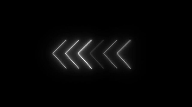 Abstract neon flashing light back arrow loading animation. Left arrow for road direction. Abstract beautiful color neon left side animation. neon arrow moving left on black background.