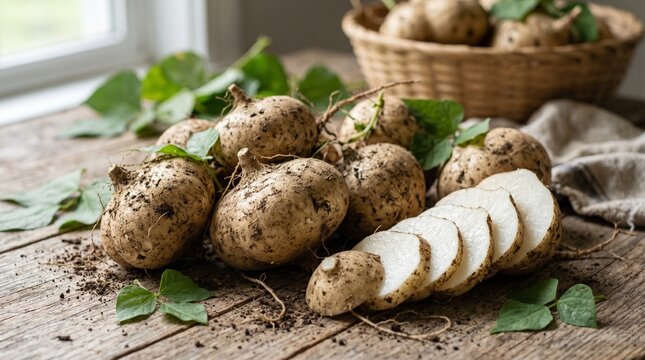 Freshly Harvested Jicama Roots with Green Leaves on Wooden Surface