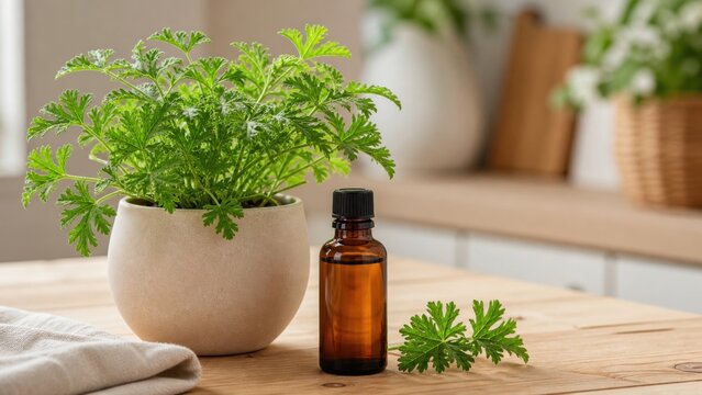 Citronella plant in a minimalist ceramic pot beside an amber essential oil bottle provides natural aromatherapy and herbal wellness on a wooden kitchen table