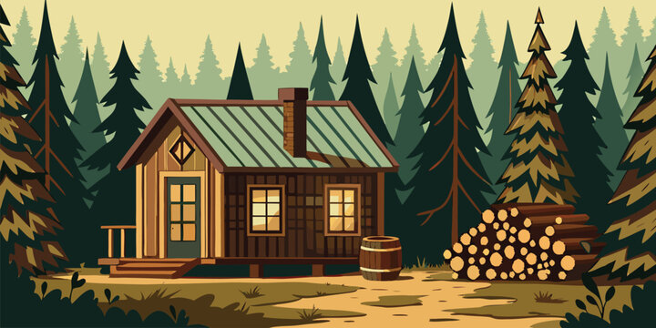 Abstract Rustic American cabin in woods with rodent warning sign rural US trend vector illustration isolation on white background.