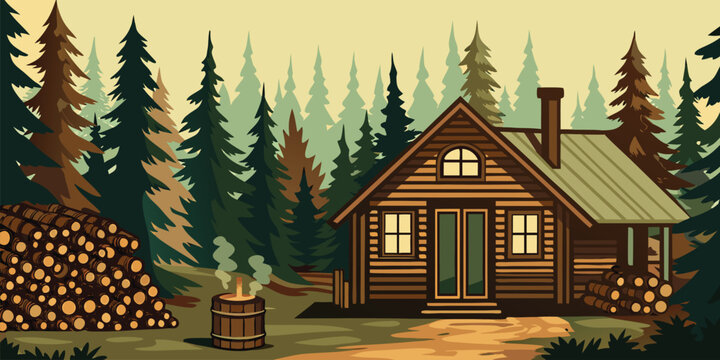  Abstract Rustic American cabin in woods with rodent warning sign rural US trend vector illustration isolation on white background.