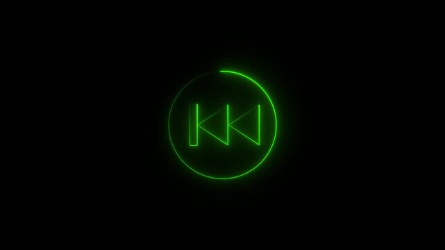 Previous button neon shine fast backward button icon. On black background.