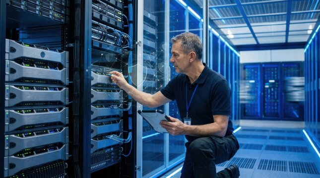 Experienced IT technician working on server racks in a modern data center infrastructure performing essential network maintenance