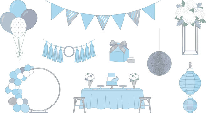 Blue Baby Shower Party Decoration Elements Set with Balloon Arch, Bunting Flags, Gift Box, Dessert Table, Floral Decor, and Hanging Lanterns Vector Collection