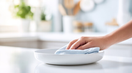 Fototapeta premium Person wipes a clean dish on a kitchen countertop during the daytime in a bright space with plants in the background