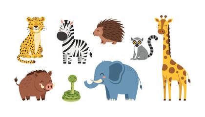 Cute Safari Wild Animals Flat Vector Collection with Elephant Giraffe Zebra Leopard Lemur and Jungle Wildlife Characters Isolated on White Background © Sukumary