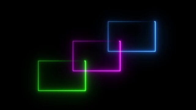 Neon color ful 3 rectangle frame animation and seamless loop neon line rectangle border frame with black background.