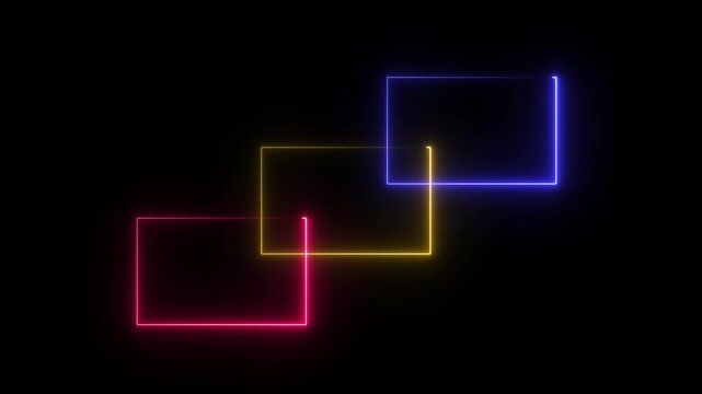 Neon color ful 3 rectangle frame animation and seamless loop neon line rectangle border frame with black background.