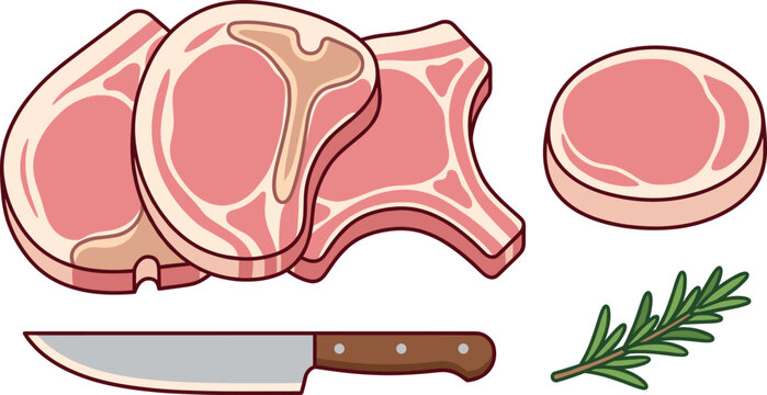 Raw meat pork chops vector set with bone in t bone steaks fresh cut fillet chef knife and rosemary sprig isolated on white background
