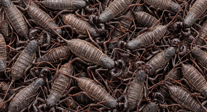 A close-up shot of a large group of dark, dried earwigs with their characteristic pincers and segmented bodies forming a dense, textured mass