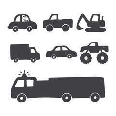 Collection of various vehicle silhouettes including cars trucks and construction equipment © TabassumAltaf