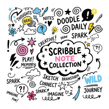 A colorful doodle design featuring a central thought bubble with the words 'scribble note collection' surrounded by inspirational words and symbols