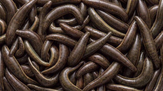 A dense collection of dark brown and green segmented leeches with curved bodies creating a textured pattern
