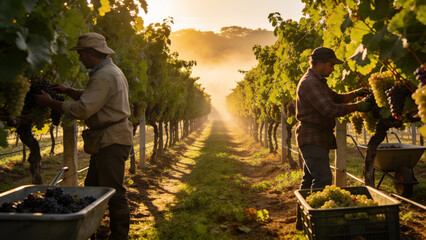 Fototapeta premium Workers harvesting ripe grapes in a sunlit vineyard, showcasing traditional viticulture, sustainable agriculture, teamwork, and premium wine production.