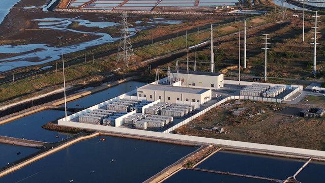 Aerial view of Rizhao substation surrounded by water ponds and wetland areas