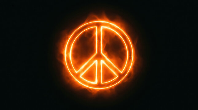 Glowing Fiery Neon Orange Peace Symbol on Black Background