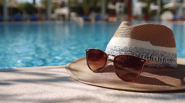 Stylish straw fedora hat resting with dark brown sunglasses on a sunny poolside deck during a relaxing warm summer vacation