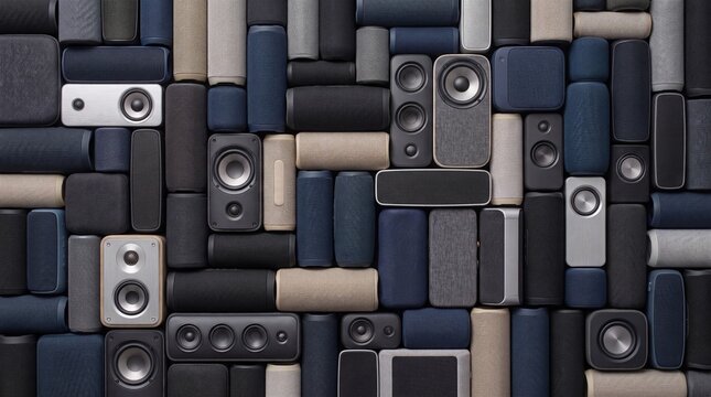 A diverse collection of modern portable Bluetooth speakers arranged in a tight grid pattern showcasing various shapes sizes and fabric textures