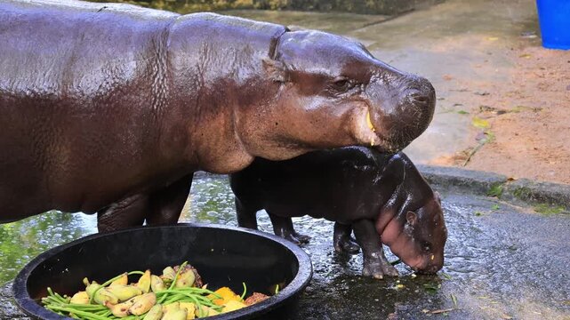 Footage of mother Pygmy Hippo chewing a fresh corn with her baby learning to chew by her side