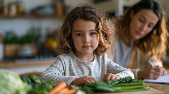 Lebanese girl arranging vegetables by size across a kitchen counter as part of a homeschool math lesson, her mother recording notes beside her, leading lines from the counter edge