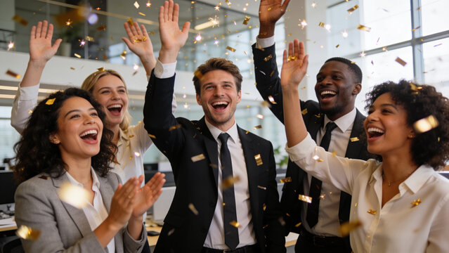 Diverse business team celebrating success in a modern office with raised hands and confetti, representing achievement, teamwork, and corporate accomplishment.