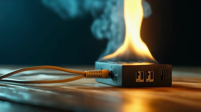 Close-up of burning electronic device with flames and smoke