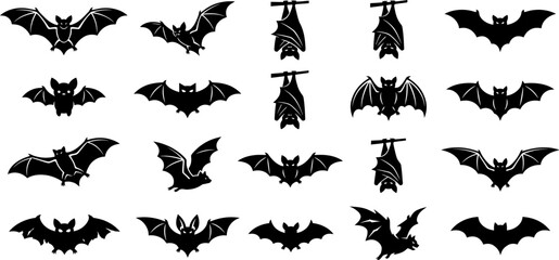 Fototapeta premium Collection of black bat silhouettes in various flying and hanging positions