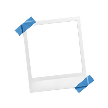 Blank polaroid photo frame with blue adhesive tape isolated on transparent background