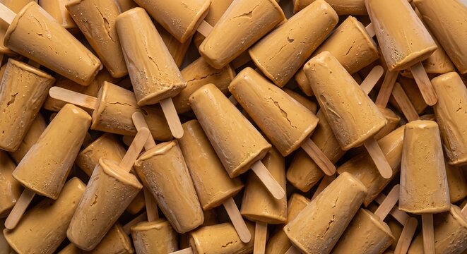A pile of golden brown kulfi popsicles with wooden sticks a traditional Indian frozen dessert a warm day