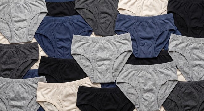 A variety of men's briefs in neutral colors like grey black and blue neatly arranged in a flat lay composition